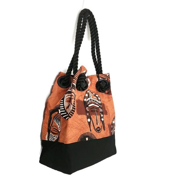 Women's Brown Black Canvas Tribal Ethnic Pattern Tote - Picture 3 of 6